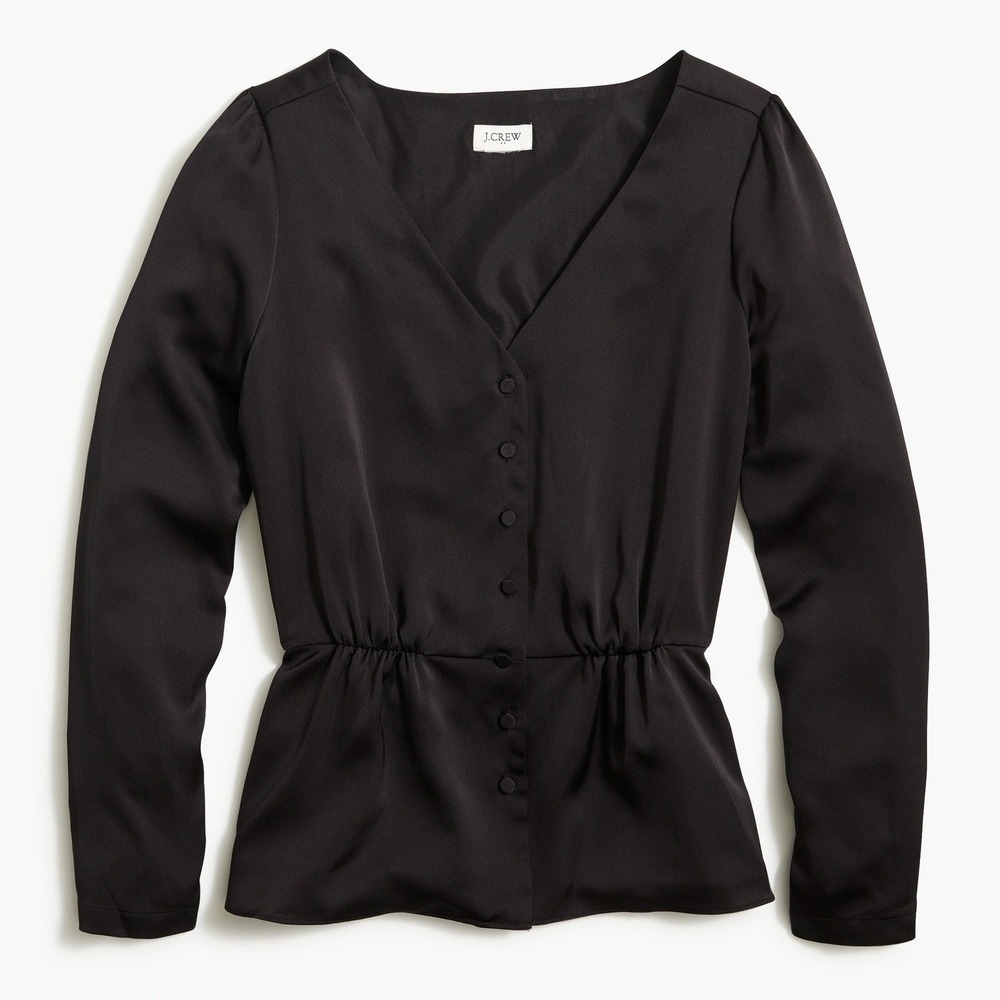 NWT J.Crew Peplum Blouse Women 12 Black V-Neck Button Front Long Sleeve AG671